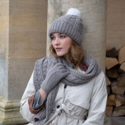 Women’s Cable Knit Scarf With Marl Yarn -Dents womens knitted gloves scarf hat in oatmeal