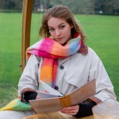 Women’s Large-Checked Blanket Scarf With Tassels -Dents womens large check blanket scarf clementine berry