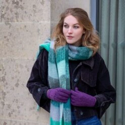 Women’s Large-Checked Blanket Scarf With Tassels -Dents womens large check blanket scarf emerald green