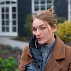 Women’s Three-Point Wool Blend-Lined Leather Gloves With Knitted Cuffs -Dents womens leather gloves knitted cuffs black