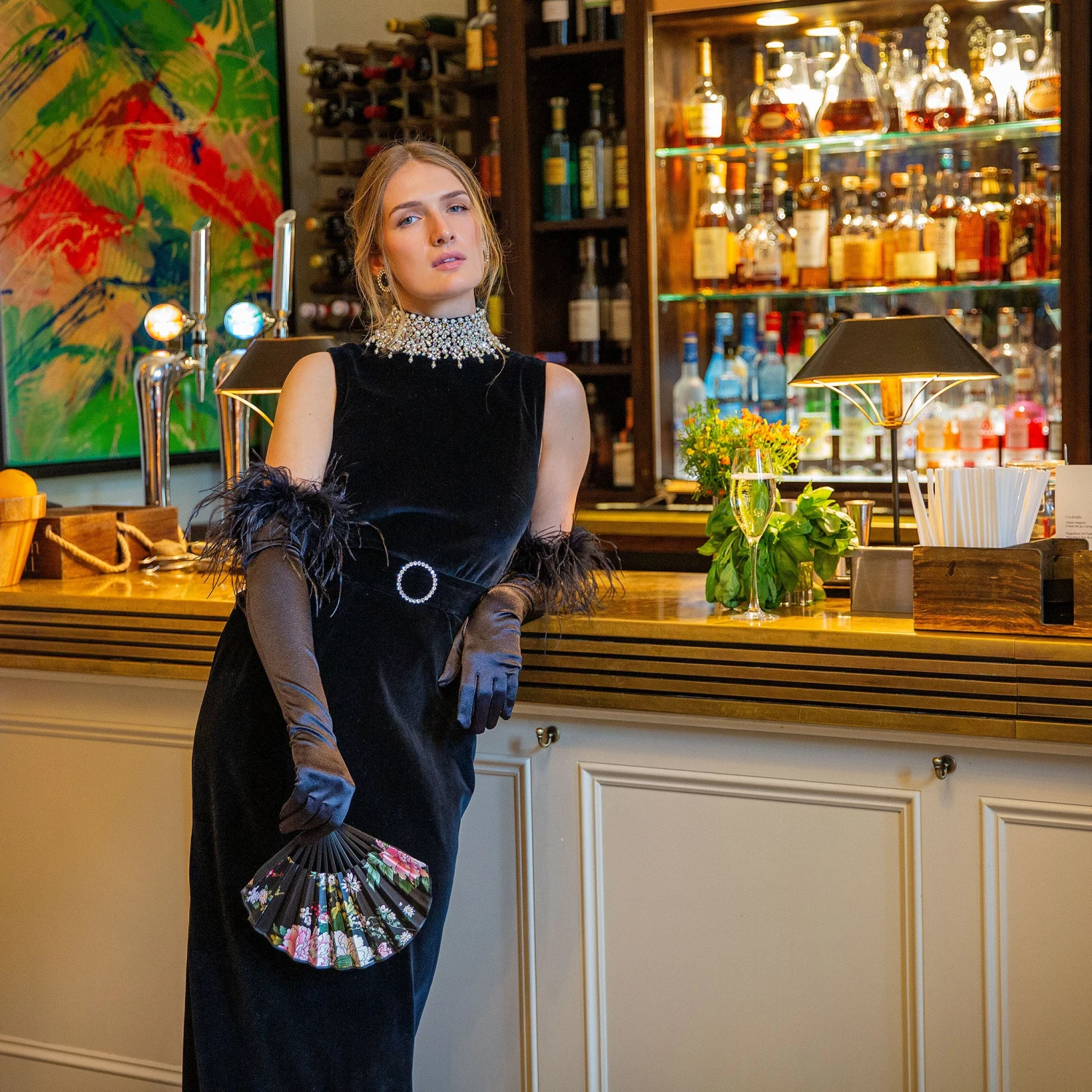 Women's Long Opera Satin Gloves With Feather Cuffs 4 Women's Long Opera Satin Gloves With Feather Cuffs - Image 2