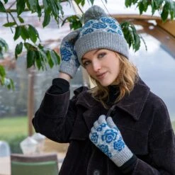 Women’s Jacquard Knitted Bobble Hat With Rose Pattern 9 Women’s Jacquard Knitted Bobble Hat With Rose Pattern -Dents womens rose pattern knitted gloves hat grey