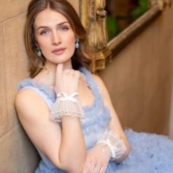 Women’s Spotty Tulle Gloves With Double Cuff And Bow -Dents womens spotty tulle gloves double cuff ivory 2