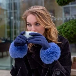 Women's Touchscreen Velour-Lined Faux Suede Gloves With Faux Fur Cuffs -Dents womens touchscreen faux suede blue gloves
