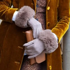 Women's Touchscreen Velour-Lined Faux Suede Gloves With Faux Fur Cuffs -Dents womens touchscreen faux suede gloves camel 2