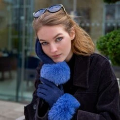 Women's Touchscreen Velour-Lined Faux Suede Gloves With Faux Fur Cuffs -Dents womens touchscreen faux suede gloves grey blue