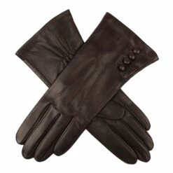 Women's Touchscreen Three-Point Silk-Lined Leather Gloves With Buttons -Dents womens touchscreen leather gloves with buttons mocca